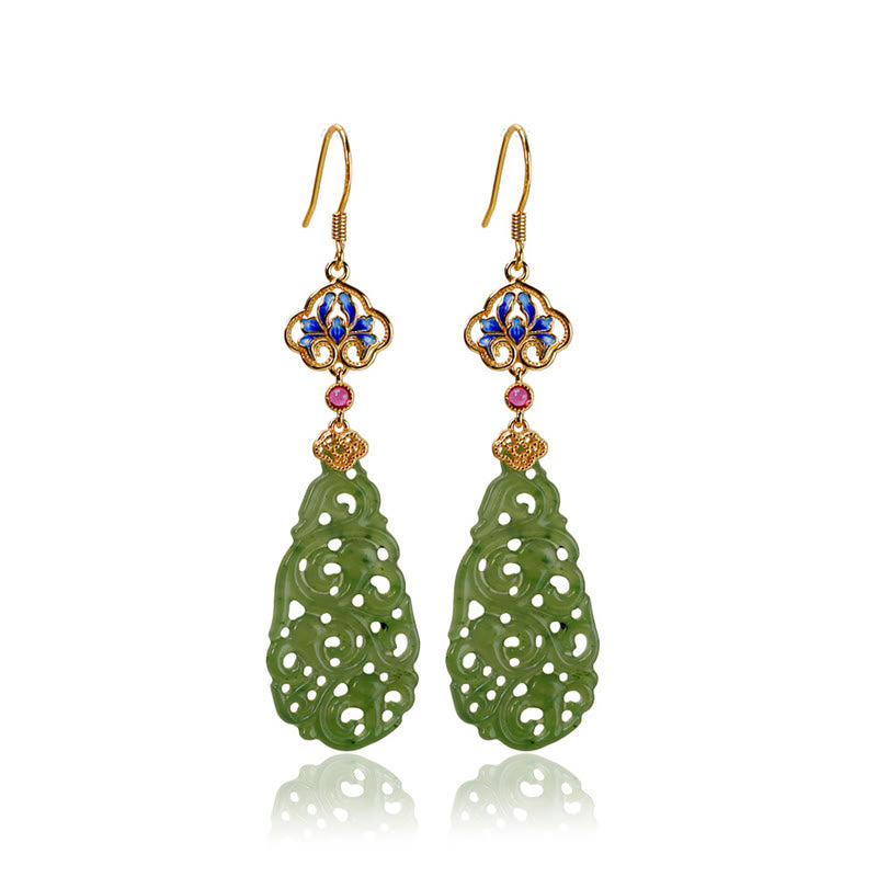 Buddha Stones Hollow Hetian Jade Enamel 925 Sterling Silver Prosperity Earrings - image 8