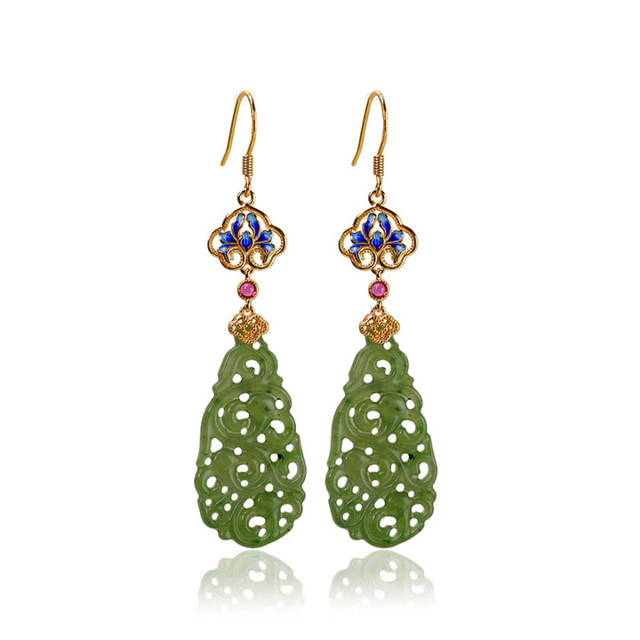 Buddha Stones Hollow Hetian Jade Enamel 925 Sterling Silver Prosperity Earrings - image 8