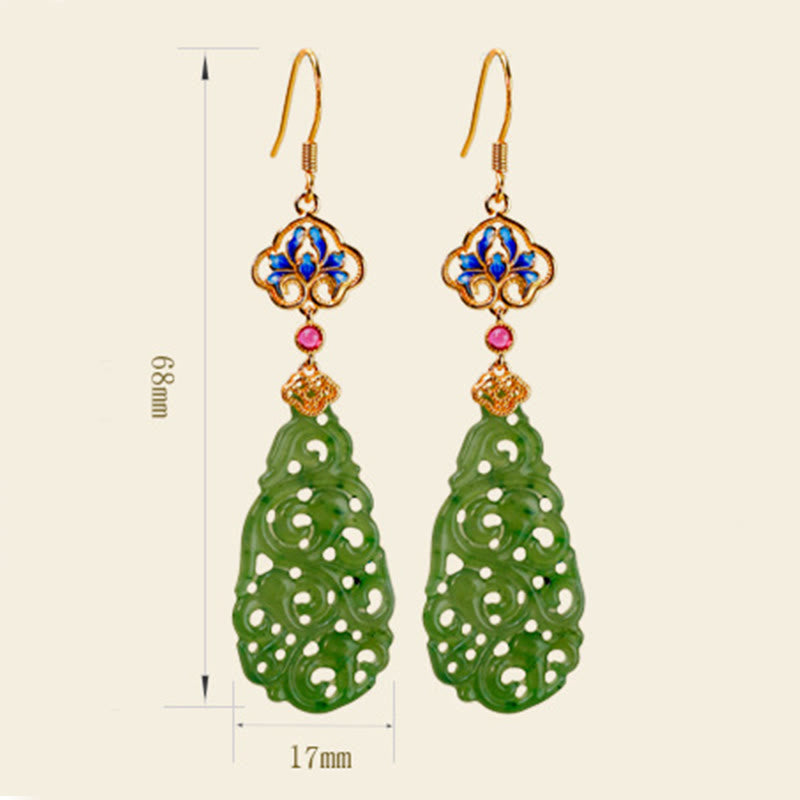 Buddha Stones Hollow Hetian Jade Enamel 925 Sterling Silver Prosperity Earrings - image 10