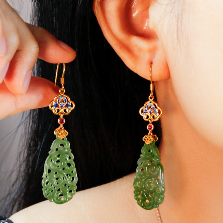 Buddha Stones Hollow Hetian Jade Enamel 925 Sterling Silver Prosperity Earrings - image 5