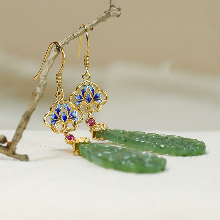 Buddha Stones Hollow Hetian Jade Enamel 925 Sterling Silver Prosperity Earrings - image 3