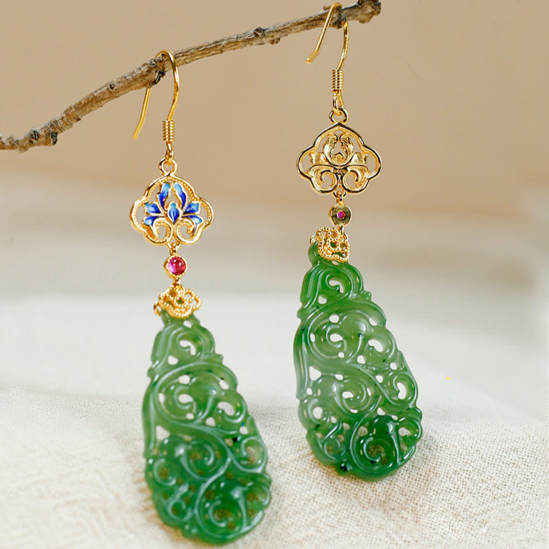 Buddha Stones Hollow Hetian Jade Enamel 925 Sterling Silver Prosperity Earrings - Hetian Jade & Silver Posts - image 0