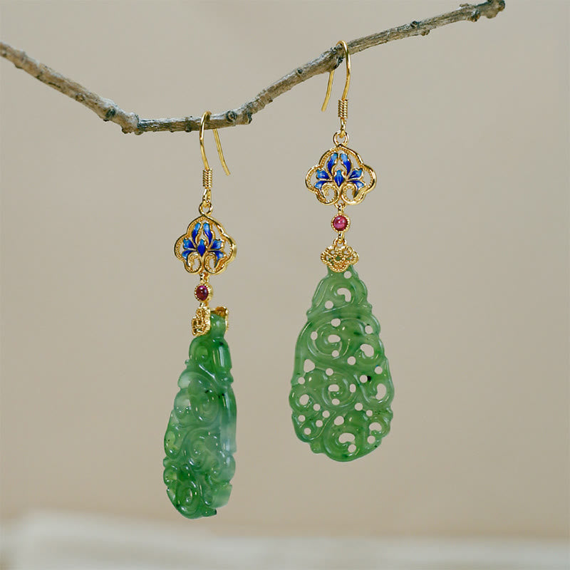 Buddha Stones Hollow Hetian Jade Enamel 925 Sterling Silver Prosperity Earrings - image 11