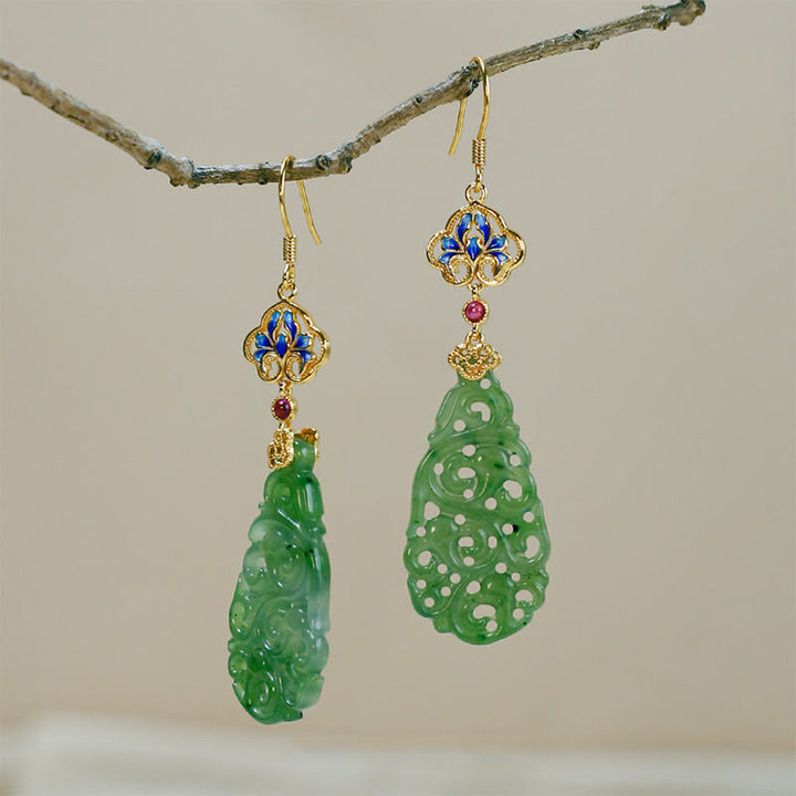 Buddha Stones Hollow Hetian Jade Enamel 925 Sterling Silver Prosperity Earrings - image 11