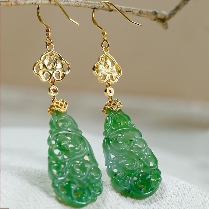 Buddha Stones Hollow Hetian Jade Enamel 925 Sterling Silver Prosperity Earrings - image 1
