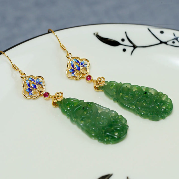 Buddha Stones Hollow Hetian Jade Enamel 925 Sterling Silver Prosperity Earrings - image 4
