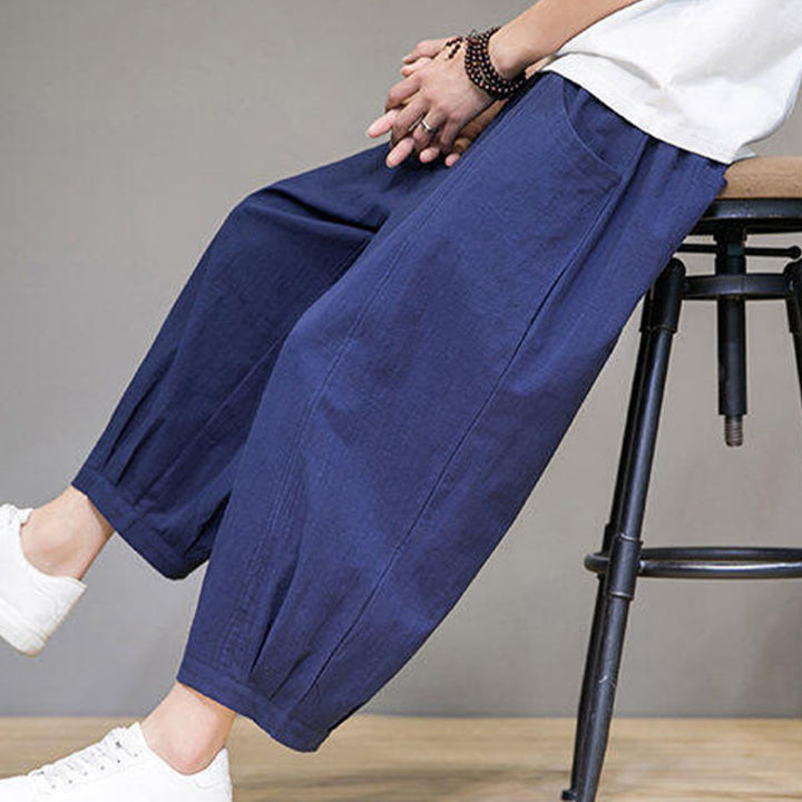 Buddha Stones Casual Plain Men's Cotton 7-8 Length Harem Pants With Pockets - image 35