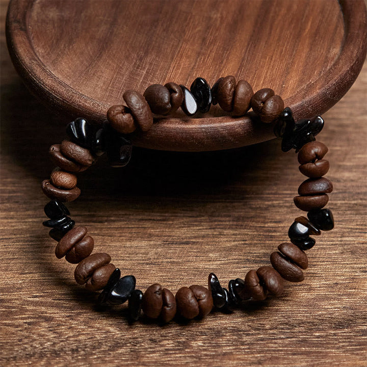 Buddha Stones Natural Coffee Beans Black Obsidian Rutilated Quartz Strength Bracelet - image 1
