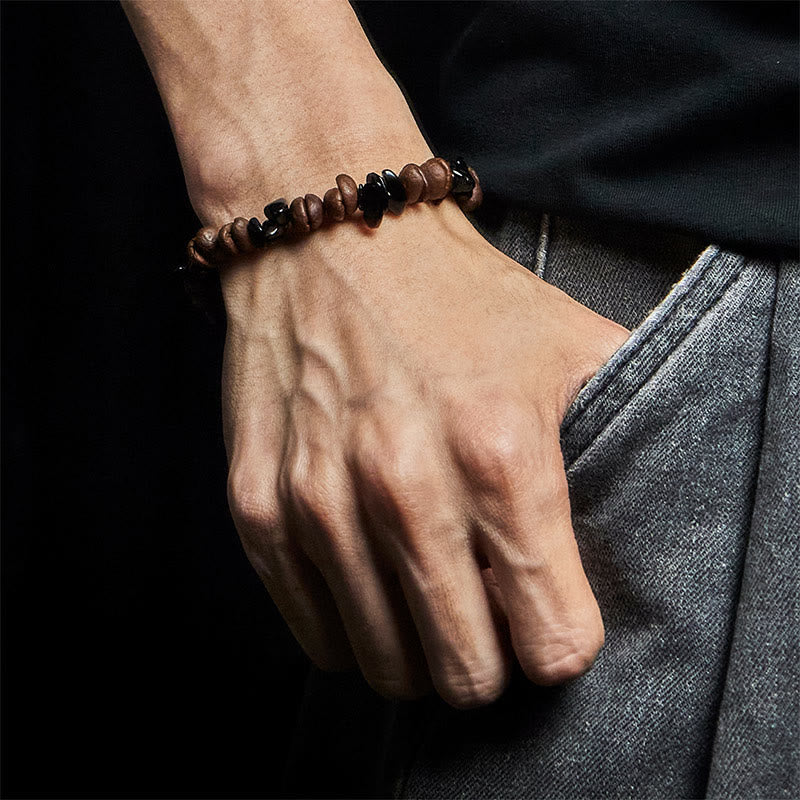 Buddha Stones Natural Coffee Beans Black Obsidian Rutilated Quartz Strength Bracelet - image 4