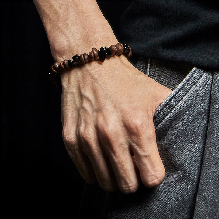 Buddha Stones Natural Coffee Beans Black Obsidian Rutilated Quartz Strength Bracelet - image 4