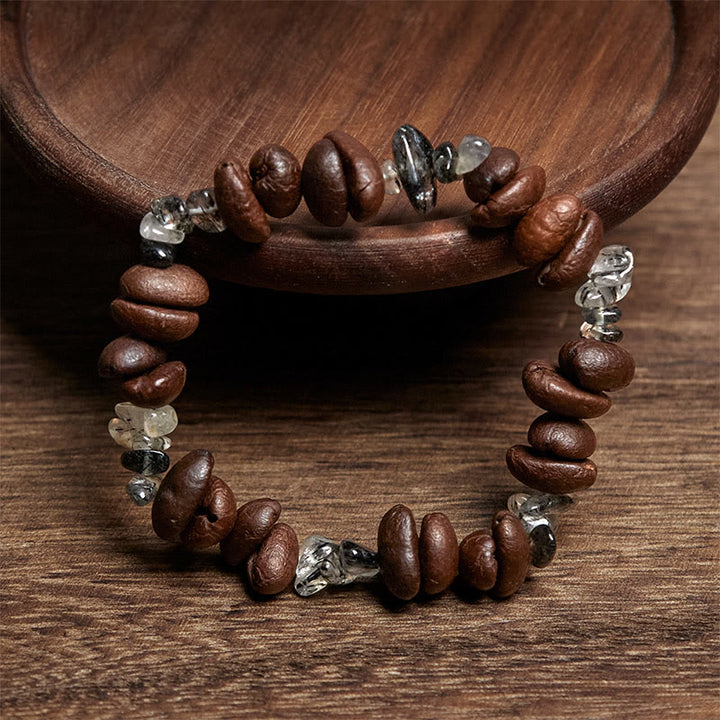Buddha Stones Natural Coffee Beans Black Obsidian Rutilated Quartz Strength Bracelet - image 7