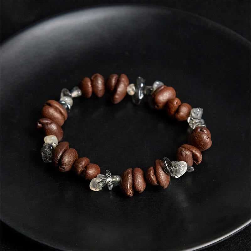 Buddha Stones Natural Coffee Beans Black Obsidian Rutilated Quartz Strength Bracelet - image 9