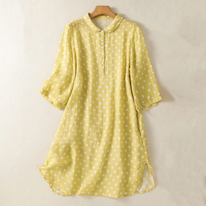 Buddha Stones Spring Polka Dot Button Stand Collar Polyester Midi Dress With Pockets - Khaki - US14,UK/AU18,EU46 (2XL) - image 0