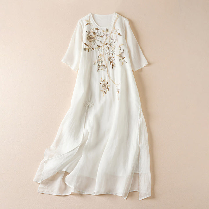 Buddha Stones Embroidered Leaf Crew Neck Half Sleeve Cotton Fiber Midi Dress - Snow - US8-10,UK/AU12-14,EU40-42 (2XL) - image 7