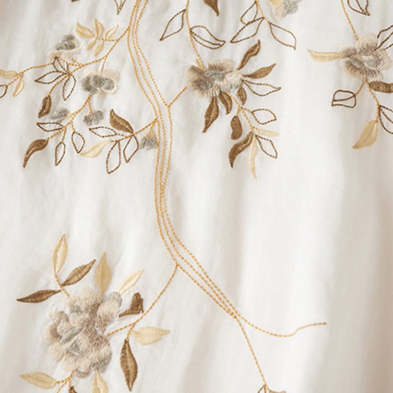 Buddha Stones Embroidered Leaf Crew Neck Half Sleeve Cotton Fiber Midi Dress - image 11