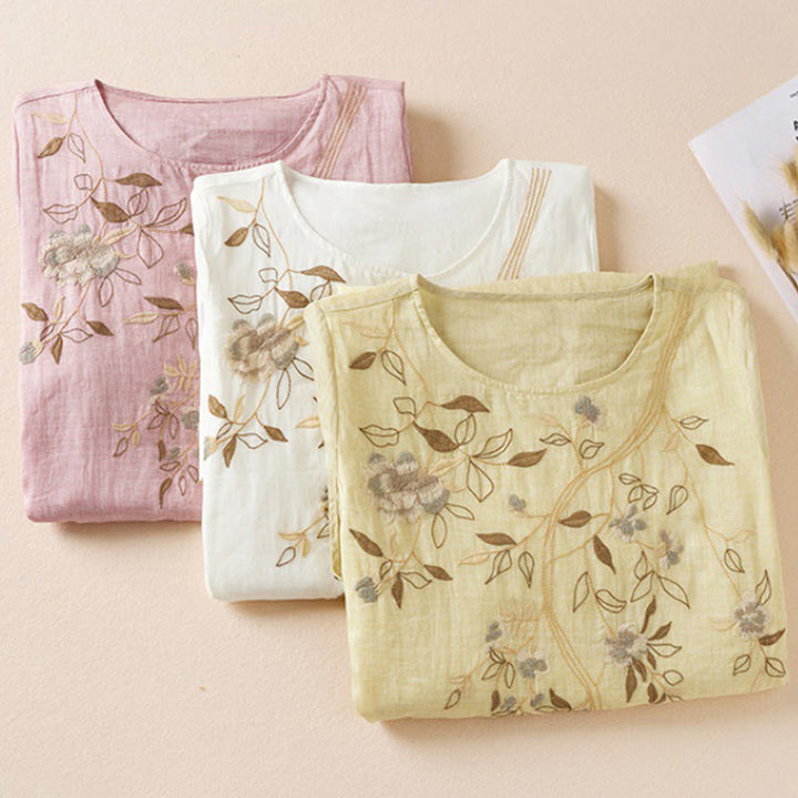 Buddha Stones Embroidered Leaf Crew Neck Half Sleeve Cotton Fiber Midi Dress - image 22