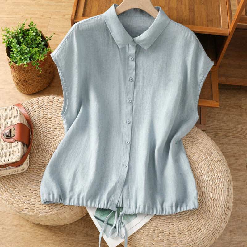 Buddha Stones Summer Plain Color Button Short Sleeve Women's Cotton Shirt - LightBlue - US14,UK/AU18,EU46 (2XL) - image 0