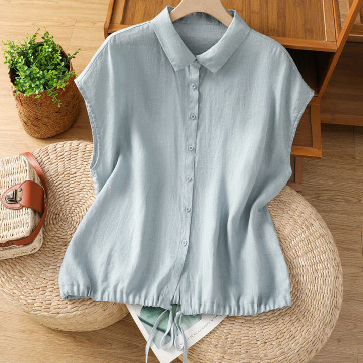 Buddha Stones Summer Plain Color Button Short Sleeve Women's Cotton Shirt - LightBlue - US14,UK/AU18,EU46 (2XL) - image 0
