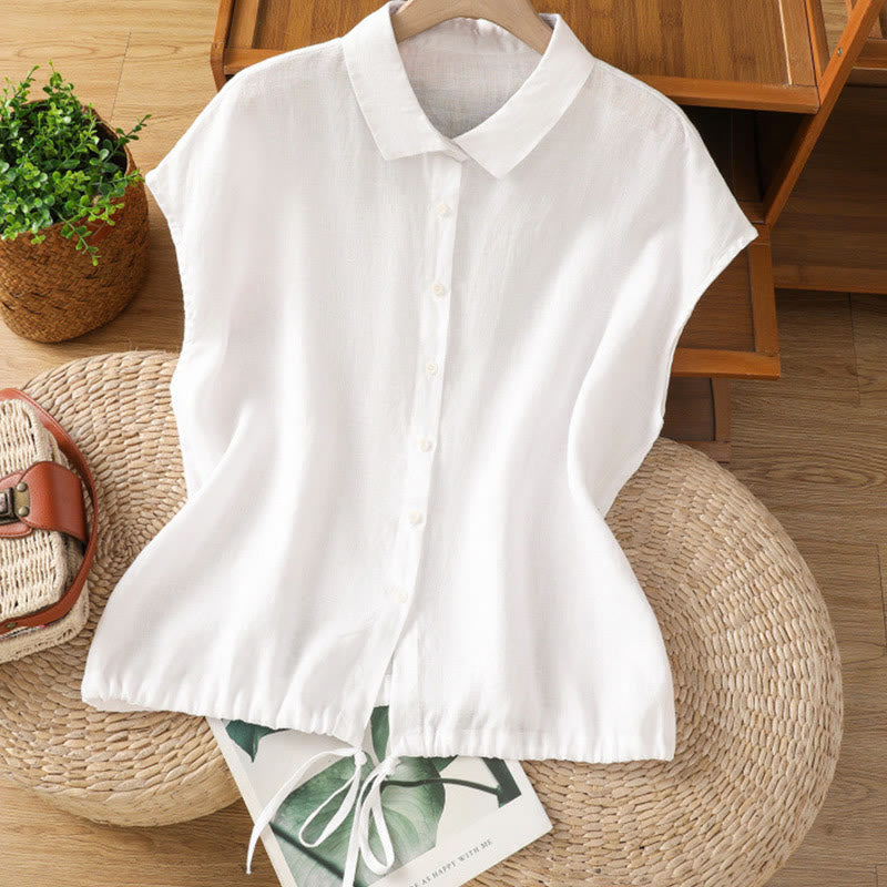 Buddha Stones Summer Plain Color Button Short Sleeve Women's Cotton Shirt - White - US14,UK/AU18,EU46 (2XL) - image 8