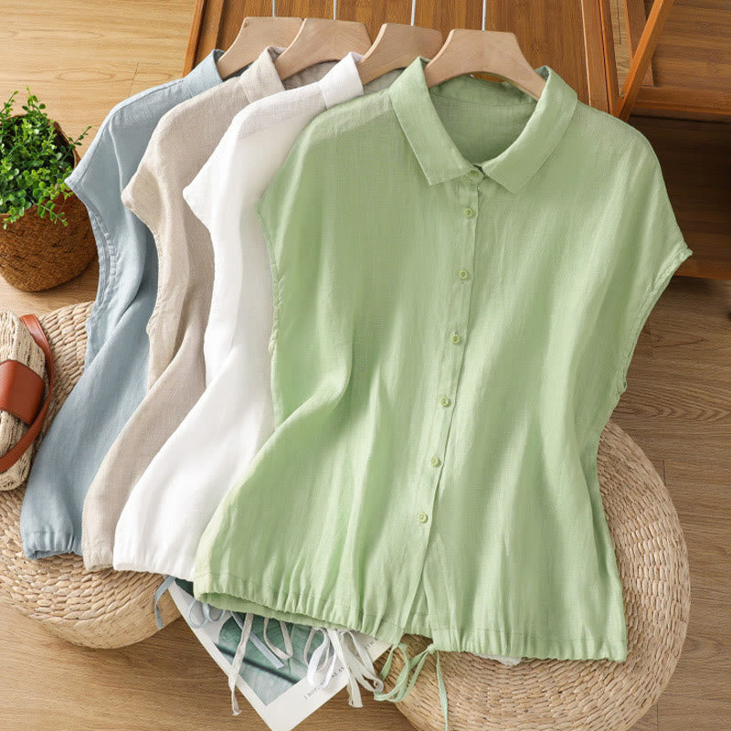 Buddha Stones Summer Plain Color Button Short Sleeve Women's Cotton Shirt - image 1
