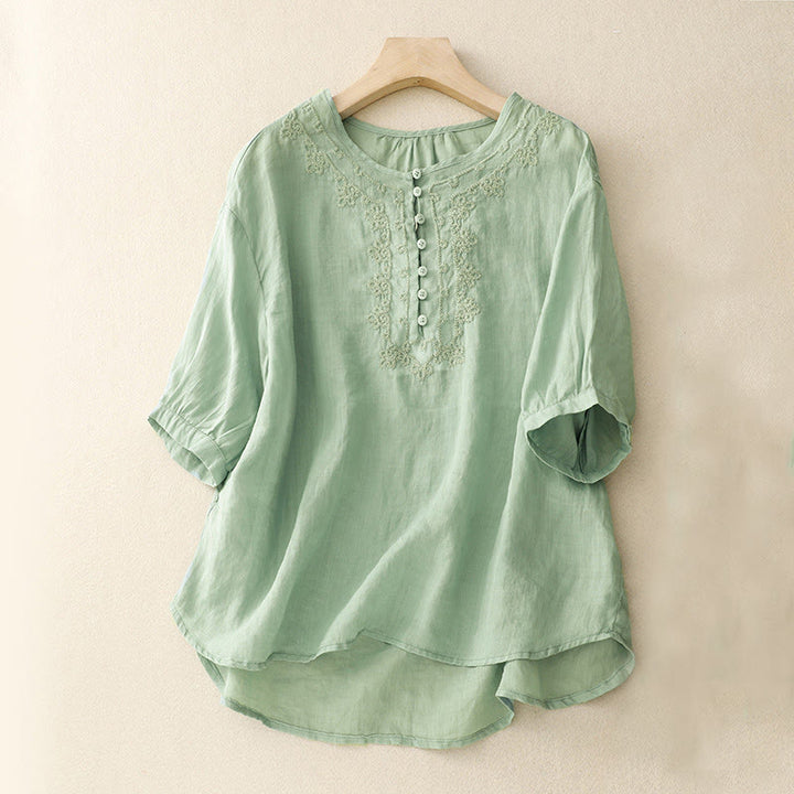 Buddha Stones Line Embroidery Button Crew Neck Half Sleeve Women's Cotton Shirt - LightBlue - US14,UK/AU18,EU46 (2XL) - image 0