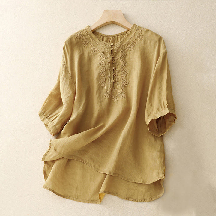 Buddha Stones Line Embroidery Button Crew Neck Half Sleeve Women's Cotton Shirt - Goldenrod - US14,UK/AU18,EU46 (2XL) - image 17
