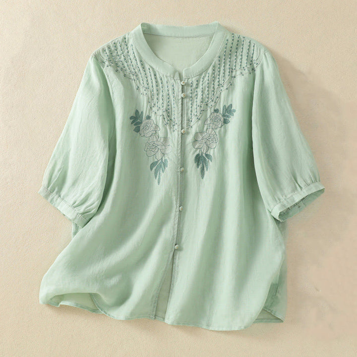 Buddha Stones Rose Floral Embroidery Button Half Sleeve Women's Cotton Shirt - Honeydew - US14,UK/AU18,EU46 (2XL) - image 0