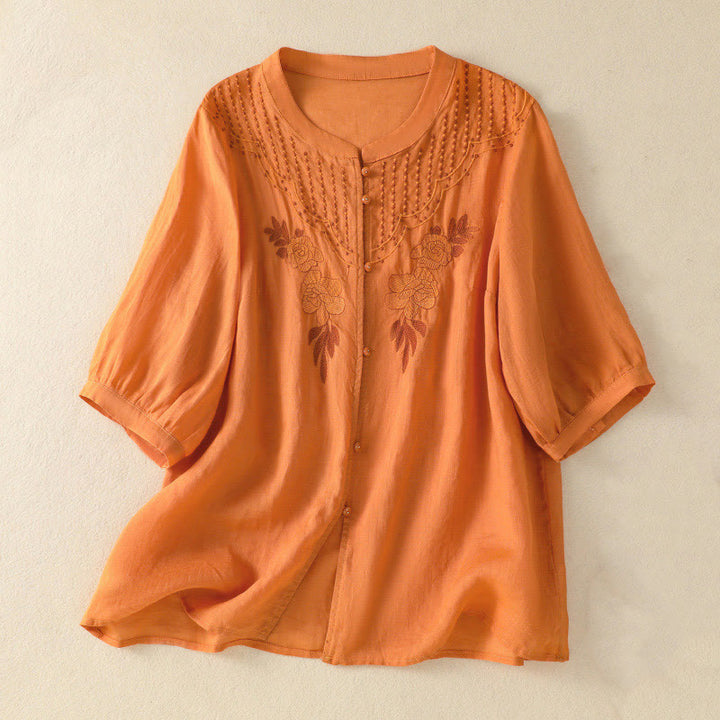 Buddha Stones Rose Floral Embroidery Button Half Sleeve Women's Cotton Shirt - Orange - US14,UK/AU18,EU46 (2XL) - image 23