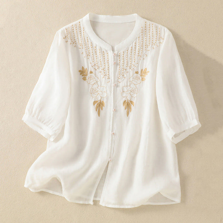 Buddha Stones Rose Floral Embroidery Button Half Sleeve Women's Cotton Shirt - White - US14,UK/AU18,EU46 (2XL) - image 33