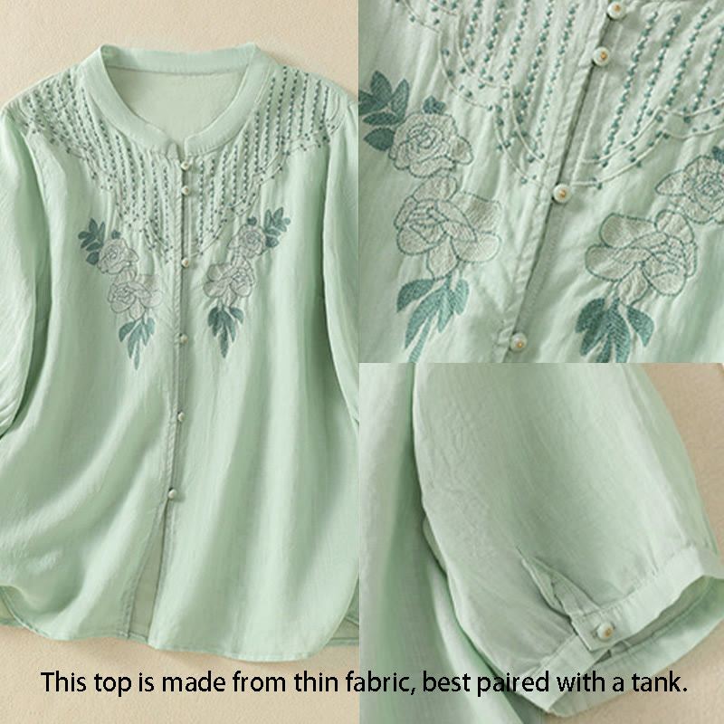 Buddha Stones Rose Floral Embroidery Button Half Sleeve Women's Cotton Shirt - image 3