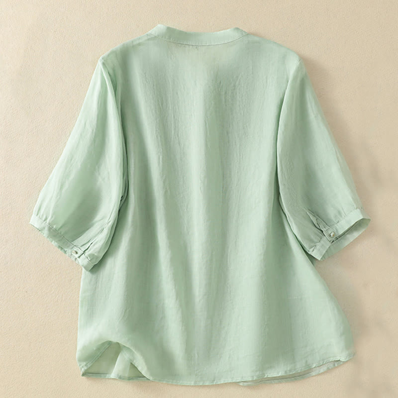 Buddha Stones Rose Floral Embroidery Button Half Sleeve Women's Cotton Shirt - image 2