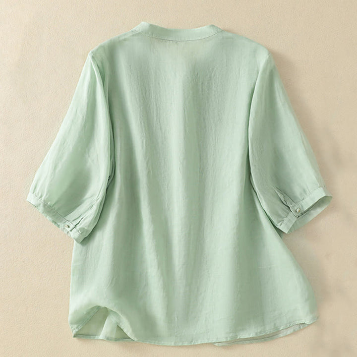 Buddha Stones Rose Floral Embroidery Button Half Sleeve Women's Cotton Shirt - image 2