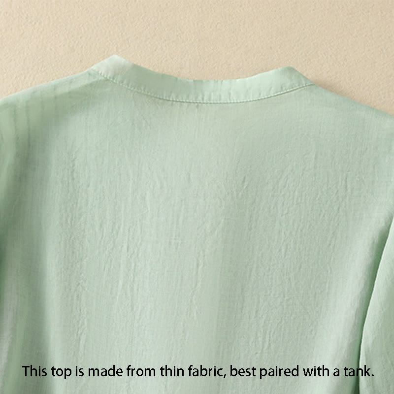 Buddha Stones Rose Floral Embroidery Button Half Sleeve Women's Cotton Shirt - image 5