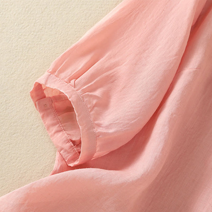 Buddha Stones Rose Floral Embroidery Button Half Sleeve Women's Cotton Shirt - image 18