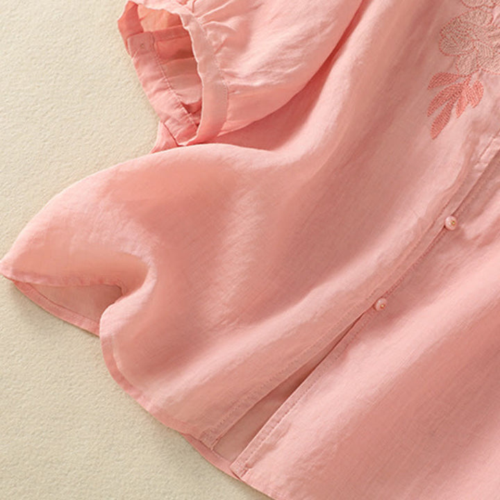 Buddha Stones Rose Floral Embroidery Button Half Sleeve Women's Cotton Shirt - image 20