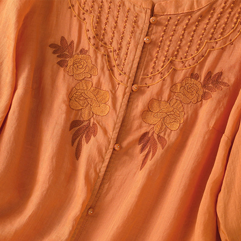 Buddha Stones Rose Floral Embroidery Button Half Sleeve Women's Cotton Shirt - image 32