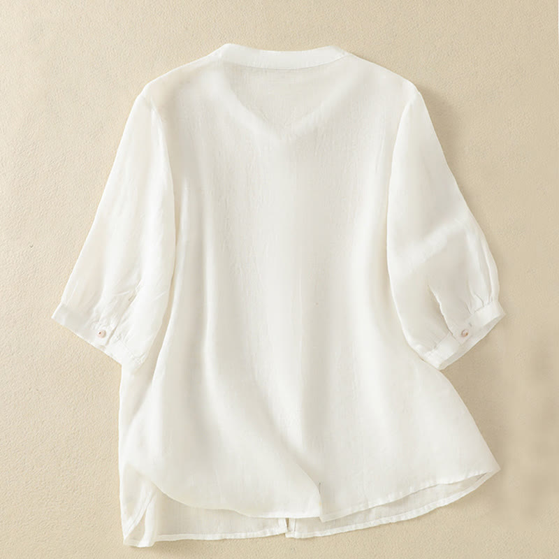 Buddha Stones Rose Floral Embroidery Button Half Sleeve Women's Cotton Shirt - image 34