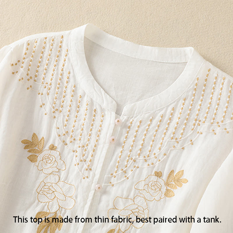 Buddha Stones Rose Floral Embroidery Button Half Sleeve Women's Cotton Shirt - image 35