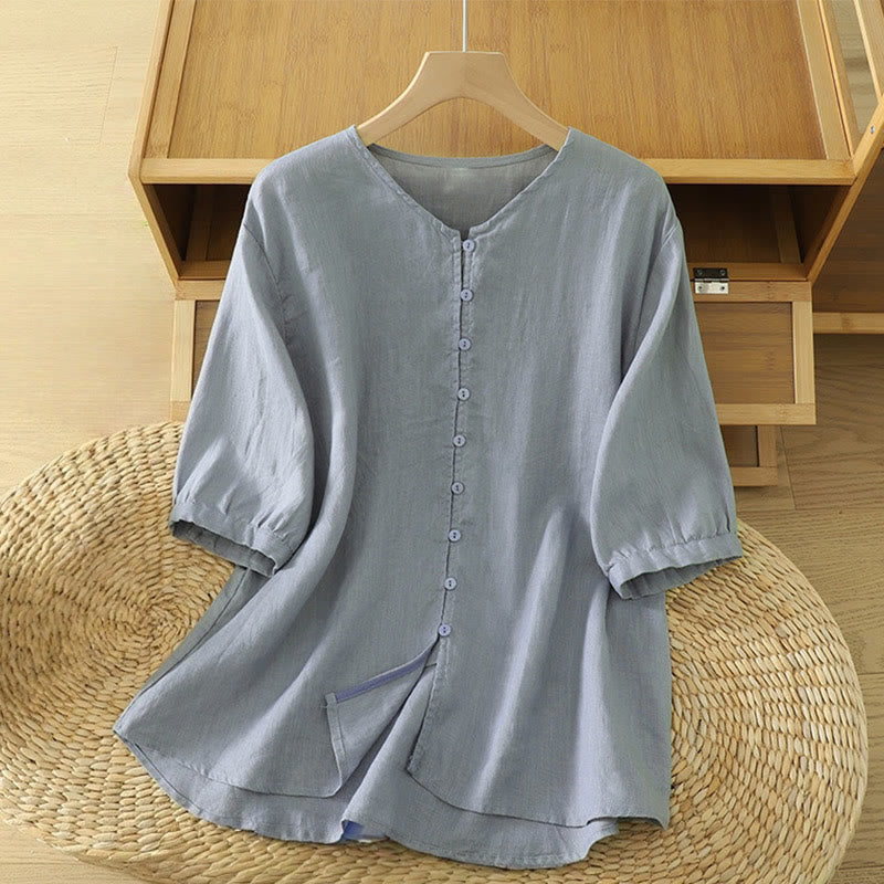 Buddha Stones Solid Buttons V-Neck Half Sleeve Women's Shirt - LightSteelBlue - US12,UK/AU16,EU44 (2XL) - image 21