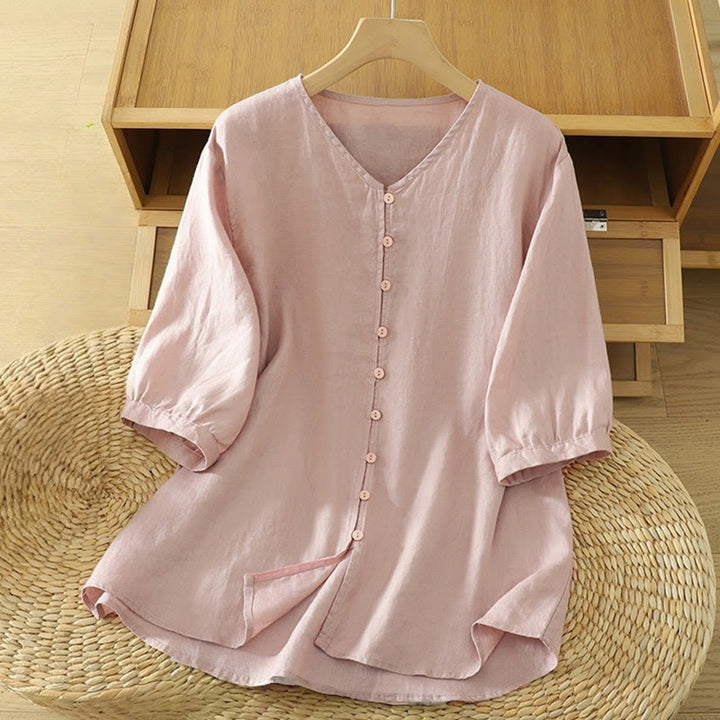 Buddha Stones Solid Buttons V-Neck Half Sleeve Women's Shirt - LightPink - US12,UK/AU16,EU44 (2XL) - image 0