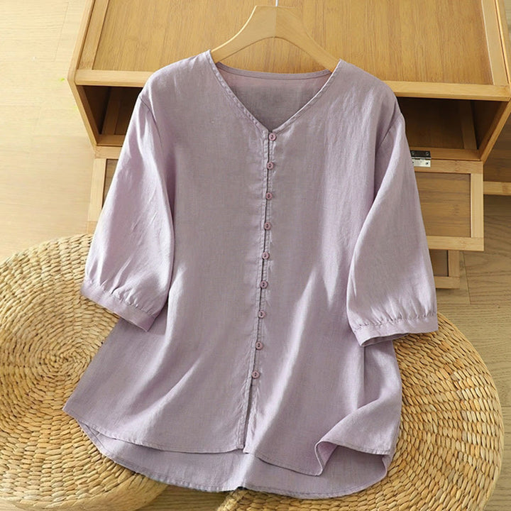 Buddha Stones Solid Buttons V-Neck Half Sleeve Women's Shirt - Thistle - US12,UK/AU16,EU44 (2XL) - image 26