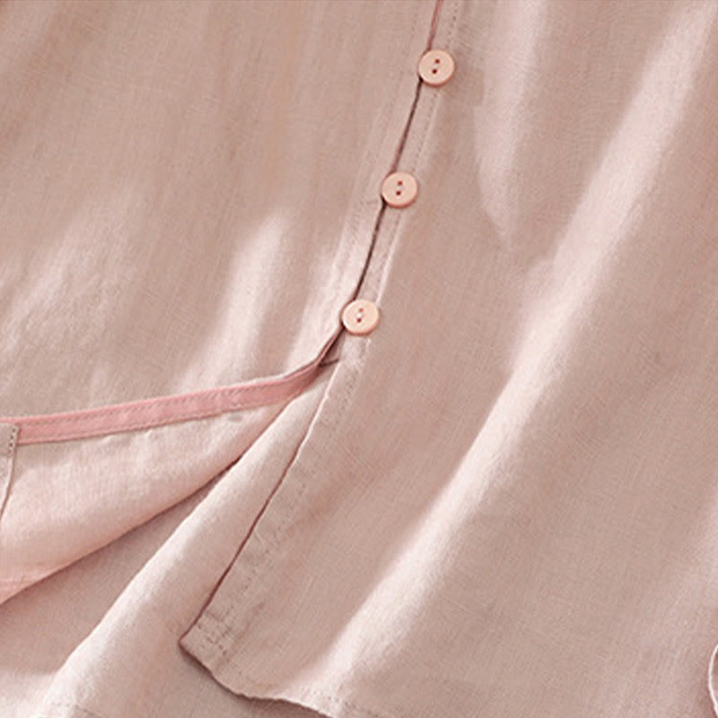 Buddha Stones Solid Buttons V-Neck Half Sleeve Women's Shirt - image 4