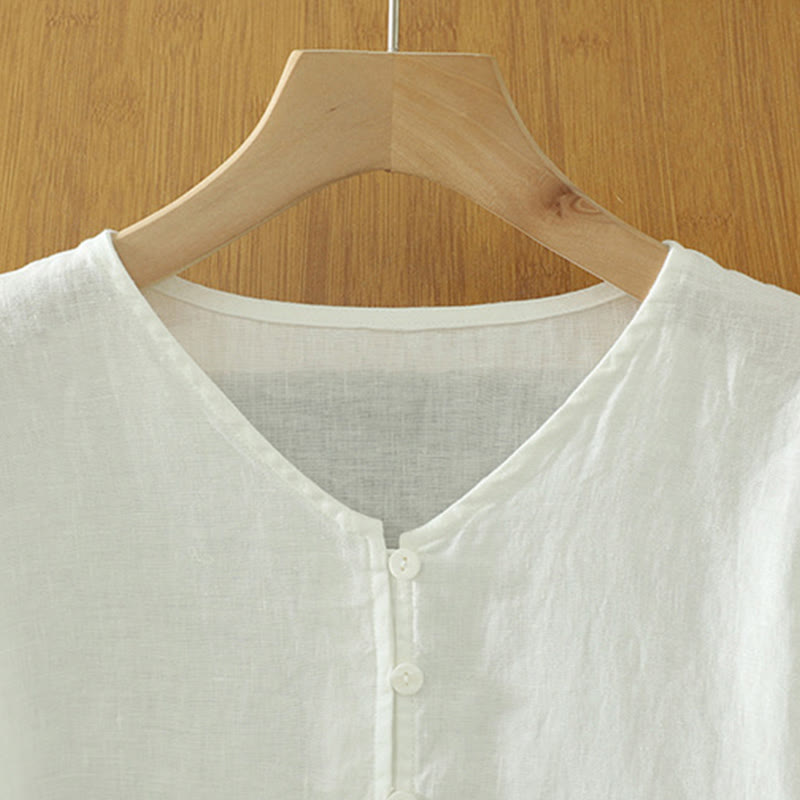 Buddha Stones Solid Buttons V-Neck Half Sleeve Women's Shirt - image 8