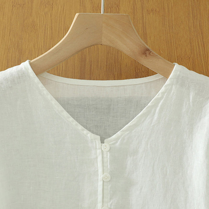 Buddha Stones Solid Buttons V-Neck Half Sleeve Women's Shirt - image 8