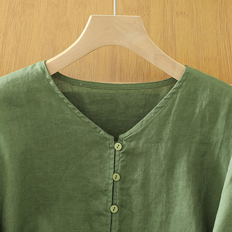 Buddha Stones Solid Buttons V-Neck Half Sleeve Women's Shirt - image 17