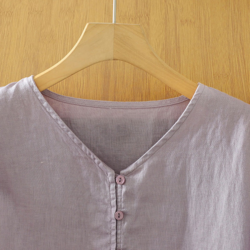 Buddha Stones Solid Buttons V-Neck Half Sleeve Women's Shirt - image 27