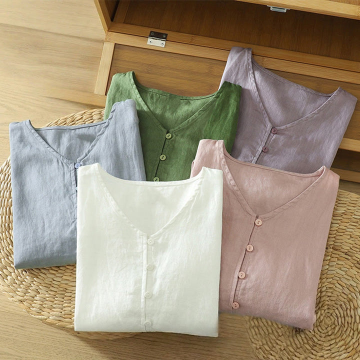 Buddha Stones Solid Buttons V-Neck Half Sleeve Women's Shirt - image 31