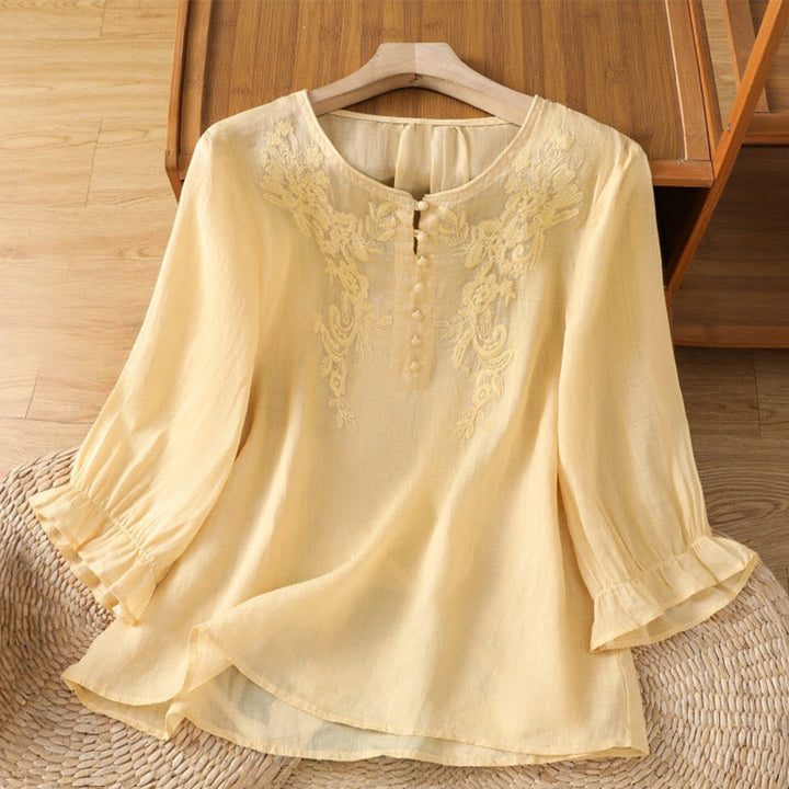 Buddha Stones Flower Vines Embroidery Button Crew Neck Three Quarter Sleeve Women's Cotton Shirt - Khaki - US12,UK/AU16,EU44 (2XL) - image 0