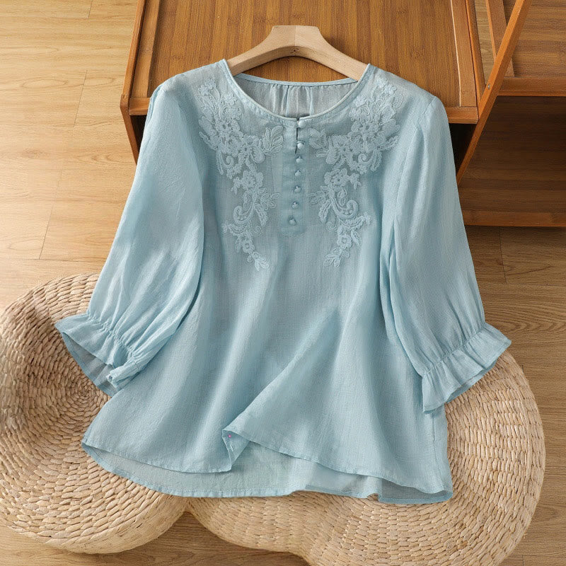 Buddha Stones Flower Vines Embroidery Button Crew Neck Three Quarter Sleeve Women's Cotton Shirt - LightBlue - US12,UK/AU16,EU44 (2XL) - image 25