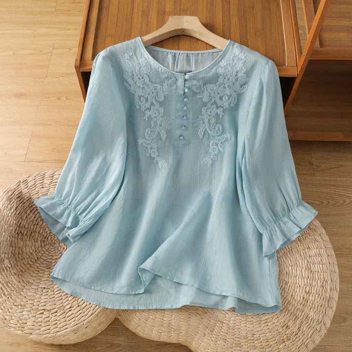 Buddha Stones Flower Vines Embroidery Button Crew Neck Three Quarter Sleeve Women's Cotton Shirt - LightBlue - US12,UK/AU16,EU44 (2XL) - image 25